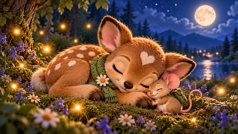 Clover and Barley asleep under the moon